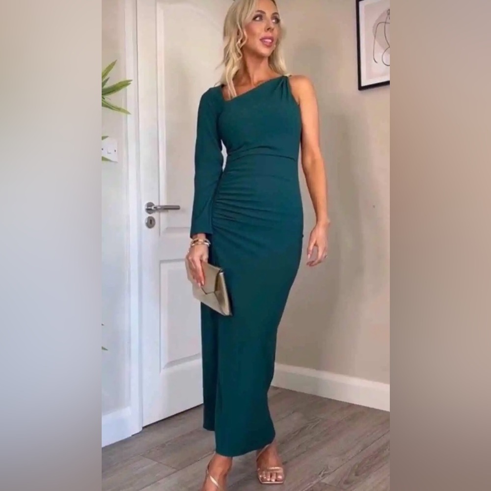 ZARA New Stunning Medium Gold Metal Piece Asymmetric Green MIDI Dress Front Slit